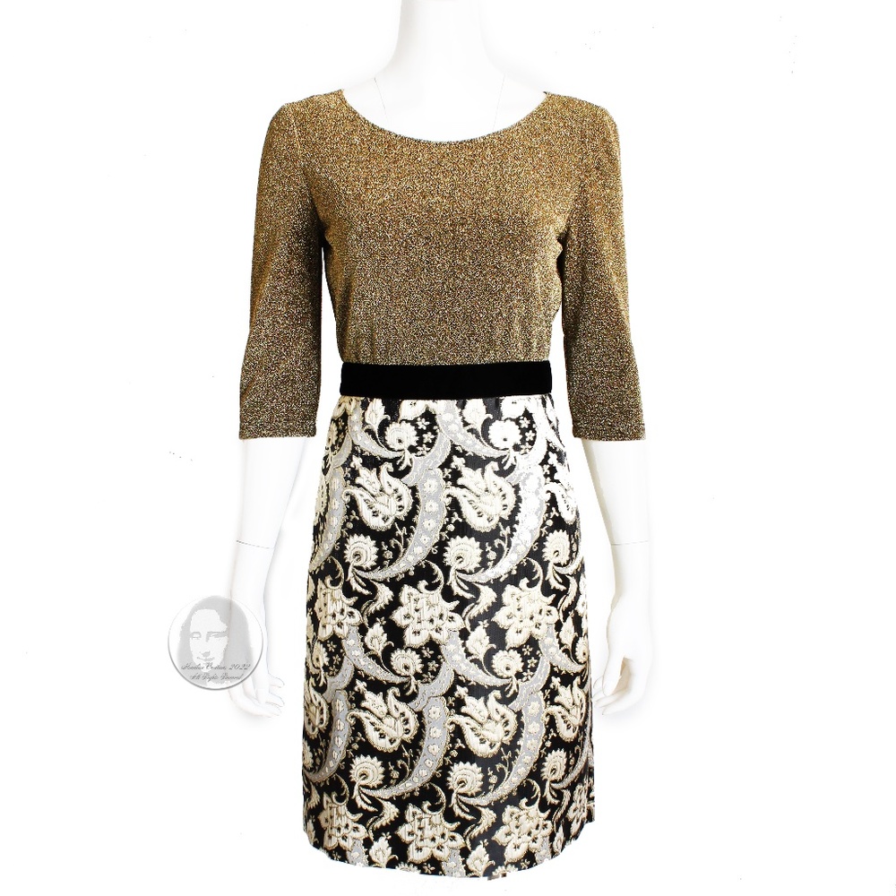 J. Peterman Cocktail Dress Formal Gold Metallic Swirling Brocade Holiday Party 2